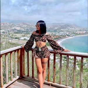 Leopard Off the Shoulder Crop Top Flare Sleeves